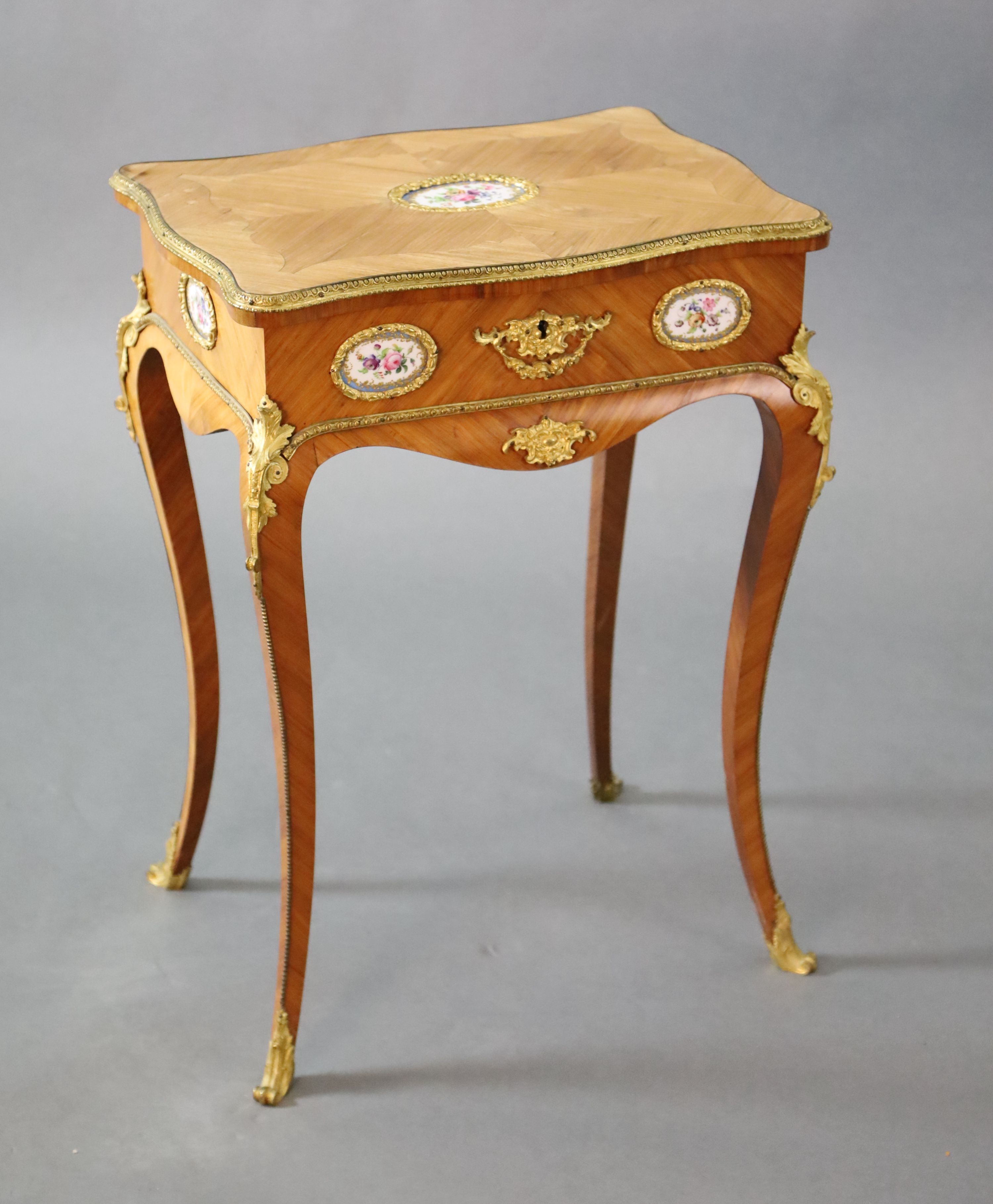 A late 19th century French Louis XV style ormolu kingwood work table, W.1ft 8in. D.1ft 2.5in. H.2ft 3in.